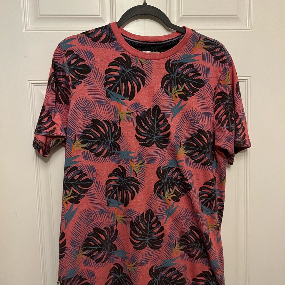 Men's Tropical Leaf Print Short Sleeve Shirt - Pink and Black